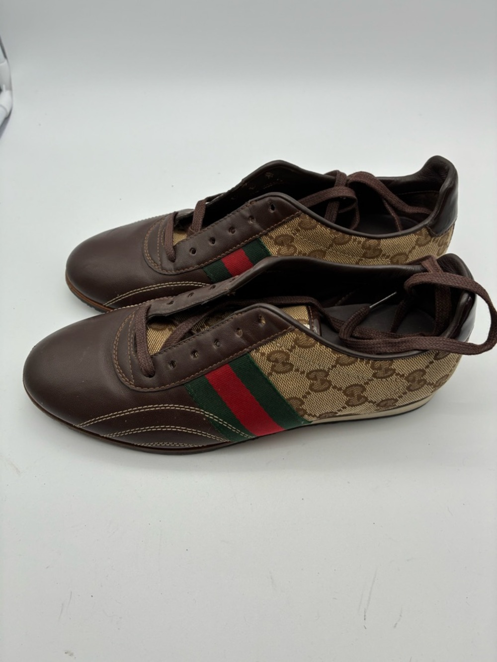 Gucci Brown GG Canvas leather green red sherry line sneakers size 36.5
